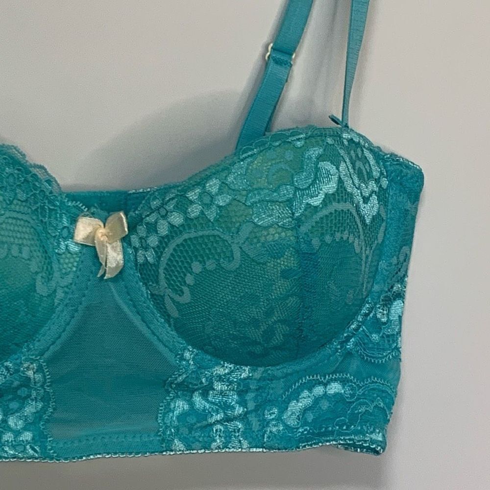 Black Fuschia By Secret Lace Allover Lave Longline Bra Teal Size 34B - Picture 4 of 7